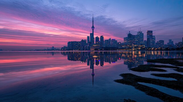 City skyline reflected in tranquil water at sunrise with vibrant pink clouds