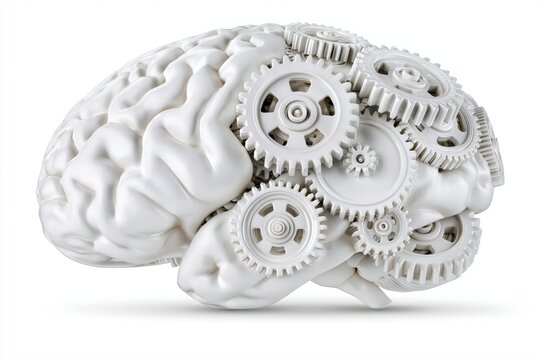 Conceptual image of a white brain with interconnected gears symbolizing thought processes and mental activity.