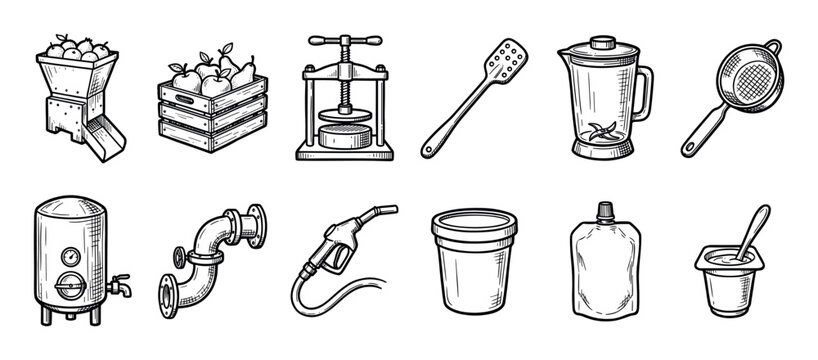Collection of hand-drawn food production icons illustrating the process from raw fruit in a crate to packaged goods, featuring a press, blender, tank, and pouch in a sketch style