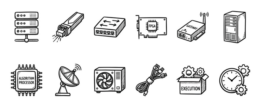 Hand-drawn computer hardware and networking icons set featuring a server, switch, processor, and gateway in a black and white doodle style illustration