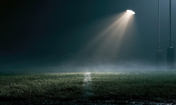 A lone spotlight illuminates a misty rugby field at night