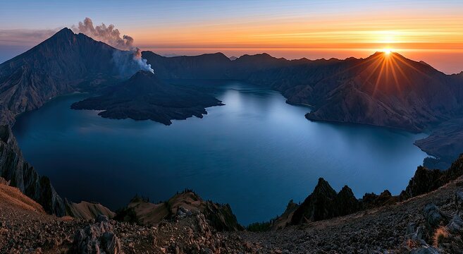 Panoramic volcanic caldera lake at sunrise with smoking peak, sun bursts over horizon
