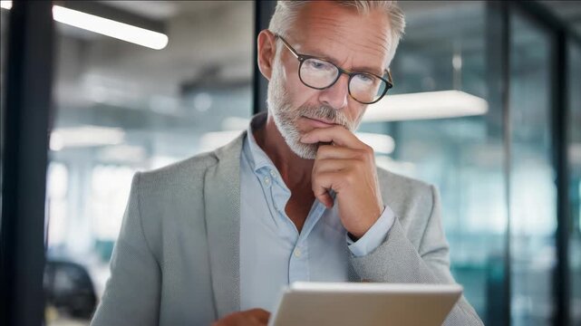 A man in a suit and glasses, engrossed in thought while reading on his tablet computer in an office setting.