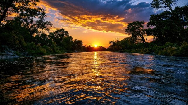 Vibrant sunset over a calm river, surrounded by lush trees and foliage