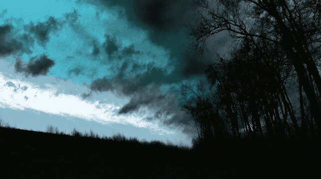 Dramatic sky with teal clouds looms over silhouetted trees and dark, rolling hills