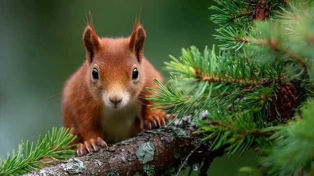 A curious red squirrel gazes forward from a tree branch, next to evergreen needles