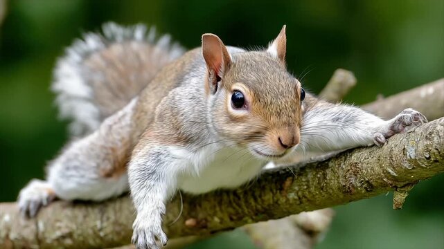 A grey squirrel rests on a branch, close-up, gazing at the viewer with bright eyes