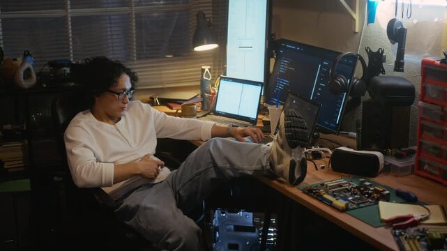 Asian young adult man sitting at messy desk with feet up, typing on laptop while coding on multiple monitors. Ideal for tech startup marketing or remote developer recruitment