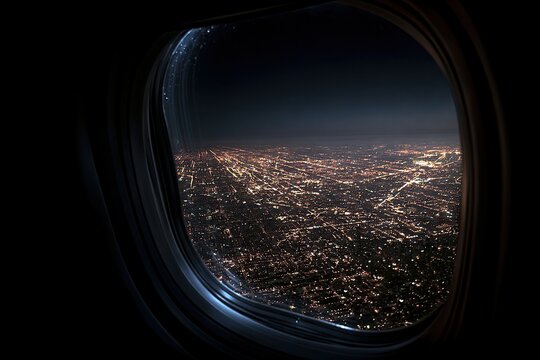 View of a sprawling, illuminated city at night from an airplane window