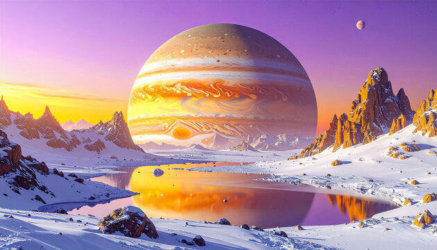 A futuristic landscape, the planet Jupiter, shining with a cold light against the backdrop of the black abyss of space, makes a majestic impression