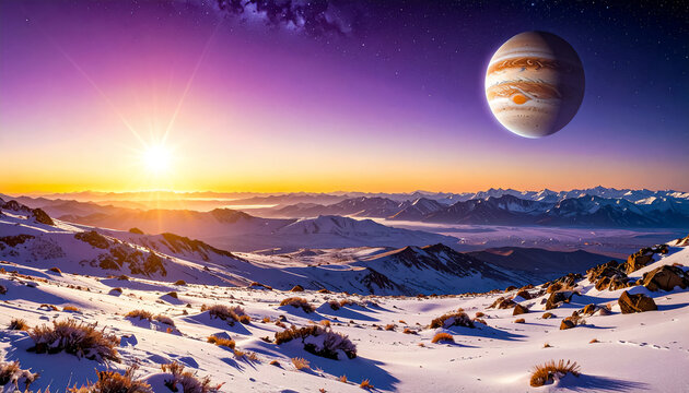 A futuristic landscape, the planet Jupiter, shining with a cold light against the backdrop of the black abyss of space, makes a majestic impression