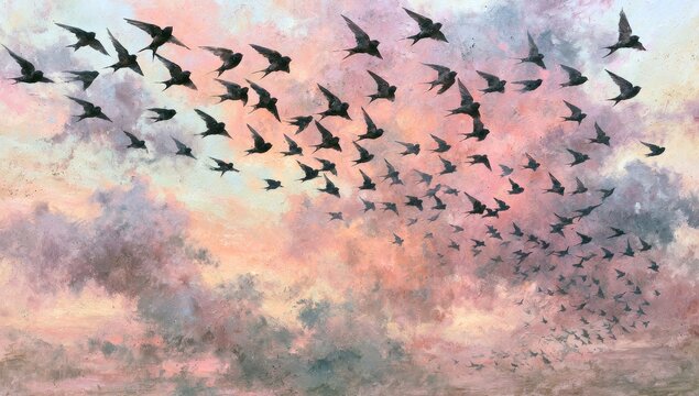 A flock of birds soars across a colorful, cloudy sky at sunset