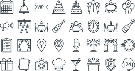 Wedding party planning event celebration birthday line icon set for catering entertainment banquet corporate hospitality ceremony vectors © sumi