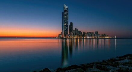 Obraz premium A modern cityscape at dusk, reflecting on calm water