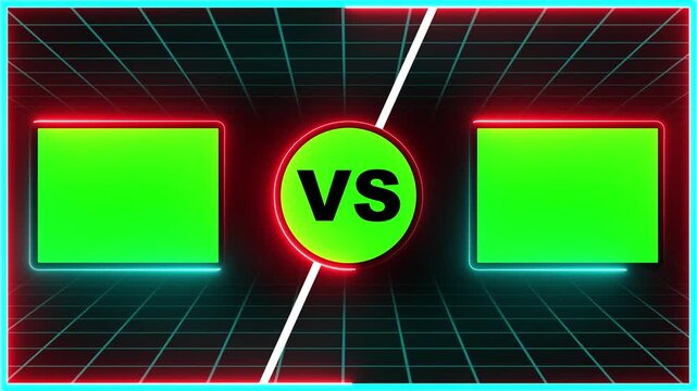 Neon versus battle screen letters v and s and a vibrant pink lightning bolt separating them animated against dark background motion graphic 4k video