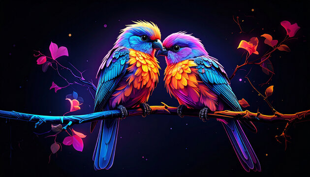 Colorful birds perched on a branch illuminated by soft ambient light