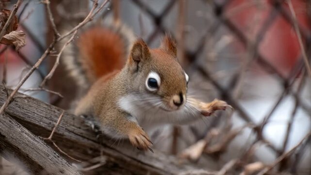 A curious red squirrel peers out with an extended paw; fence and twigs are in the background