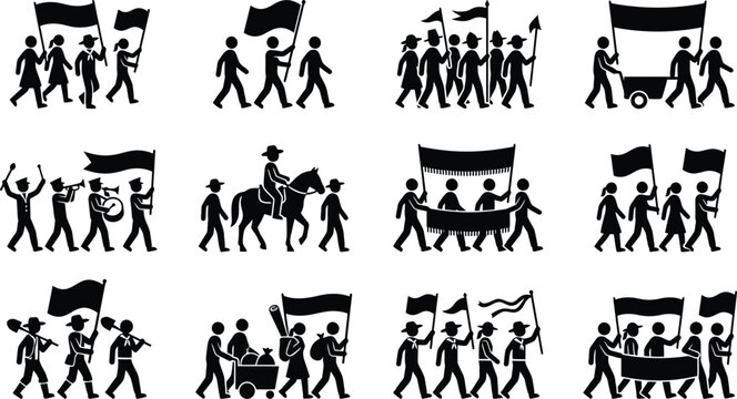Silhouettes of people marching in protest with banners and flags.