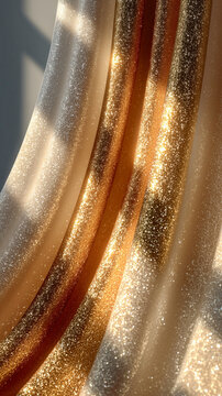 Luxurious shimmering gold and beige glitter fabric drapery