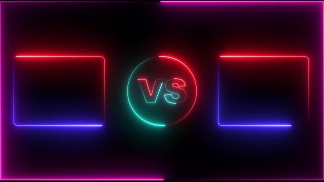 Neon versus battle screen letters v and s and a vibrant pink lightning bolt separating them animated against dark background motion graphic 4k video
