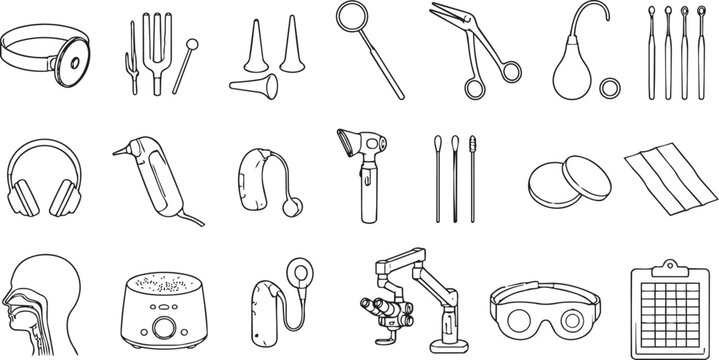 Otolaryngology medical tools and equipment line art icon set