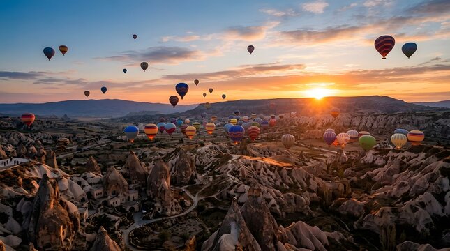 Sunrise over Cappadocia, Turkey, colorful hot air balloons floating above unique rock formations, magical travel scene