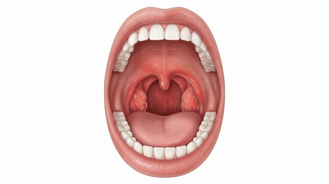 Medical illustration of inflamed tonsils in an open mouth