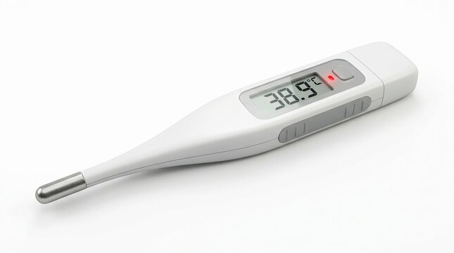 Digital medical thermometer showing a high fever reading