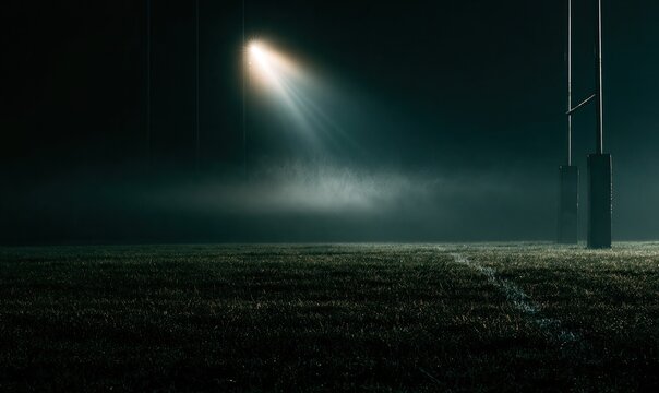 Illuminated rugby posts stand against a misty, dark night on a grass field