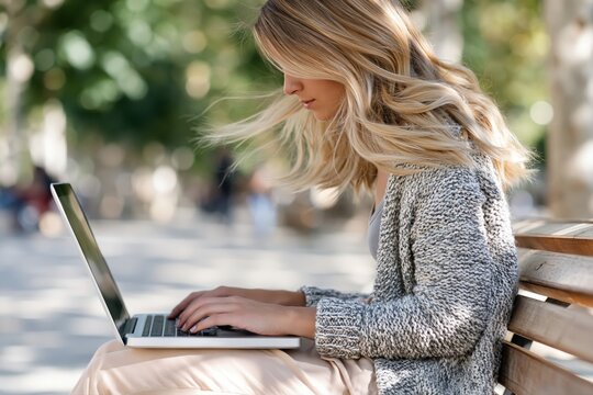 Young woman with blonde hair typing on a laptop computer while sitting on a park bench outdoors.