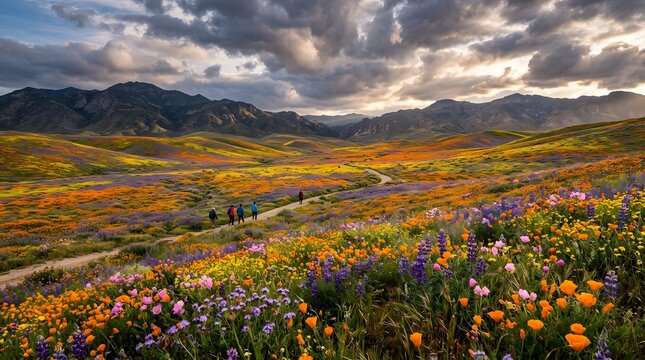 Wildflower super bloom in California desert, vibrant colors under dramatic skies, unique seasonal landscape