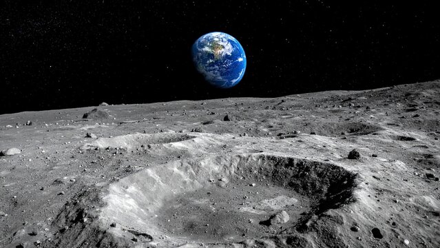 Photorealistic view of the planet Earth visible from the lunar surface with craters, conceptual generic sci-fi stock image 
月面から望む美しく輝く地球とクレーターの広大な景観