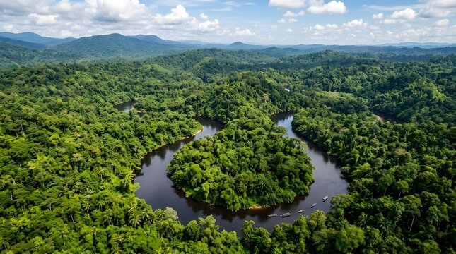 Tropical jungle river in Borneo winding through dense rainforest, aerial nature photography, vibrant green tones