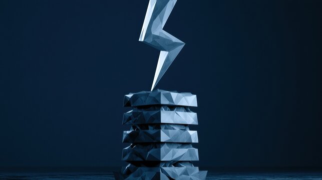 A geometric lightning bolt sits above a faceted server tower in a dark blue background with sharp triangular shapes forming the scene.