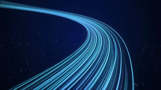 Radiant blue light streaks cinematic footage curving through digital space toward technological progress perfect for futuristic technology backgrounds