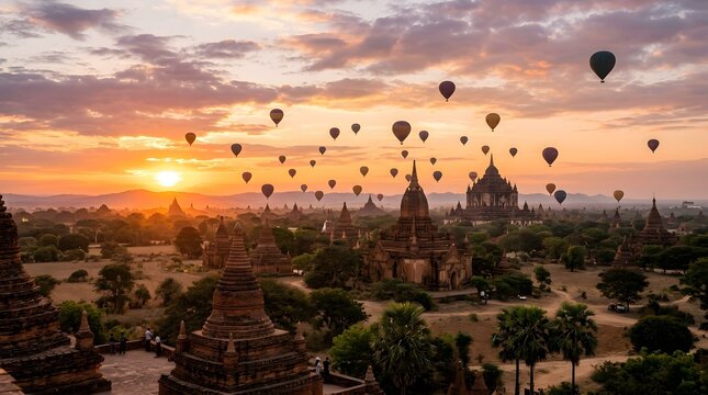 Sunset over the temples of Bagan, Myanmar, hot air balloons floating above ancient ruins, magical travel photography