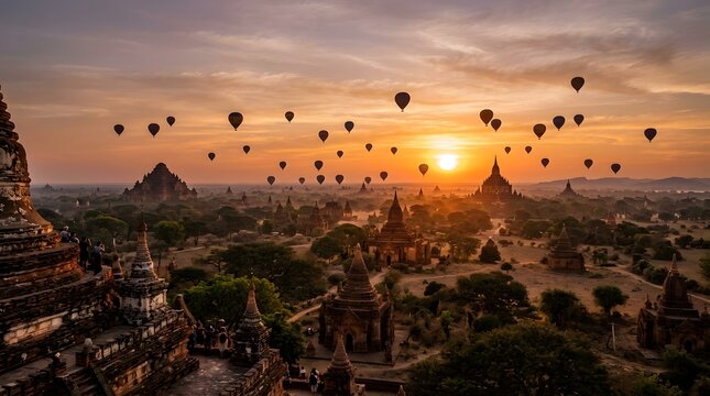 Sunset over the temples of Bagan, Myanmar, hot air balloons floating above ancient ruins, magical travel photography