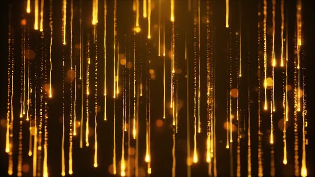 Golden Data Streams Fall Through Dark Digital Space Cinematic Motion Toward Innovation and Progress Perfect for Technology Presentations and Financial Advertising
