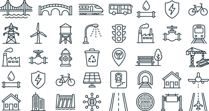 City infrastructure urban planning public utilities civil engineering line icon set for municipal smart construction development vectors