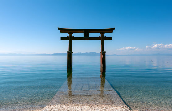 Japan's Lake Biwa, Shirahige Shrine on a Sunny Day