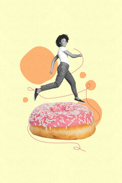 Art image vertical photo collage of happy girl stand donut sweet order cake nutrition pastry confectionary meal birthday party