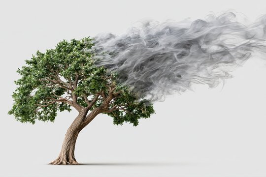 A solitary tree with lush green leaves dissipating into swirling grey smoke against a white background.