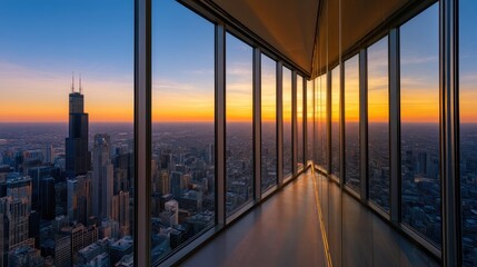 Obraz premium Panoramic city view through floor-to-ceiling windows at sunset