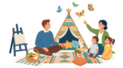 A happy family enjoys a picnic outdoors with a teepee tent, while the mother points out beautiful butterflies to her two young children. © Violet