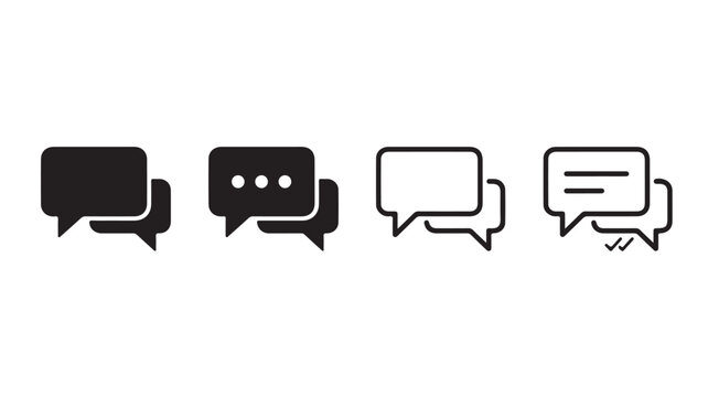 Minimalist chat bubble icon set, black speech bubble symbols for messaging, communication and social media interface vector elements