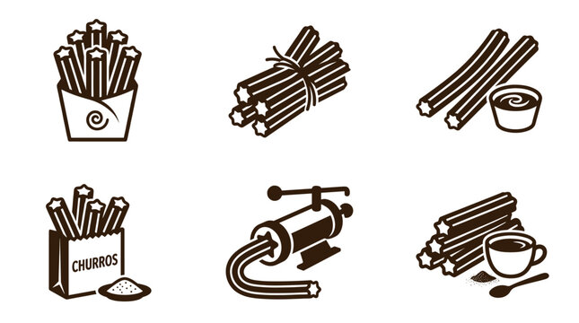 Black icons of churros in bags and bowls.