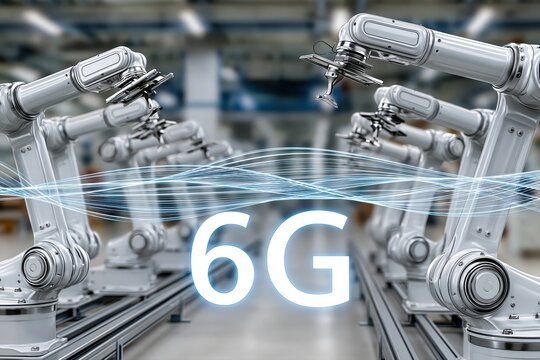 Advanced robotic arms in a futuristic factory setting, symbolizing the dawn of 6G technology and industrial automation.