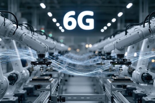 Automated robotic arms in a high-tech factory assembling components for the future of 6G technology.