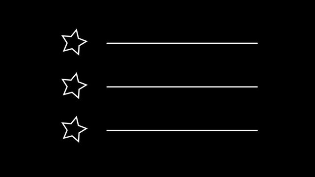 Star rating checklist line art icon. This line art icon displays three five-pointed stars arranged vertically on the left side. 2D motion graphics in 4K resolution with an alpha channel.