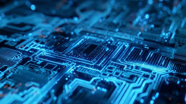 A high-resolution close-up of a microchip with a blue glow accentuating the intricate design.